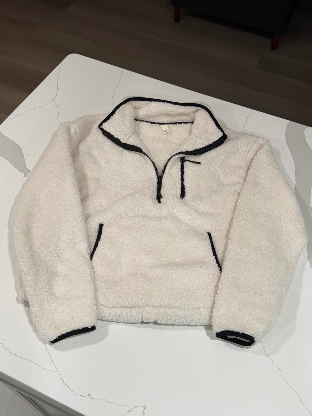 Cream Sherpa Fleece Quarter Zip Pullover Jacket Black Trim Size L